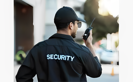 A security guard is holding a walkie talkie.